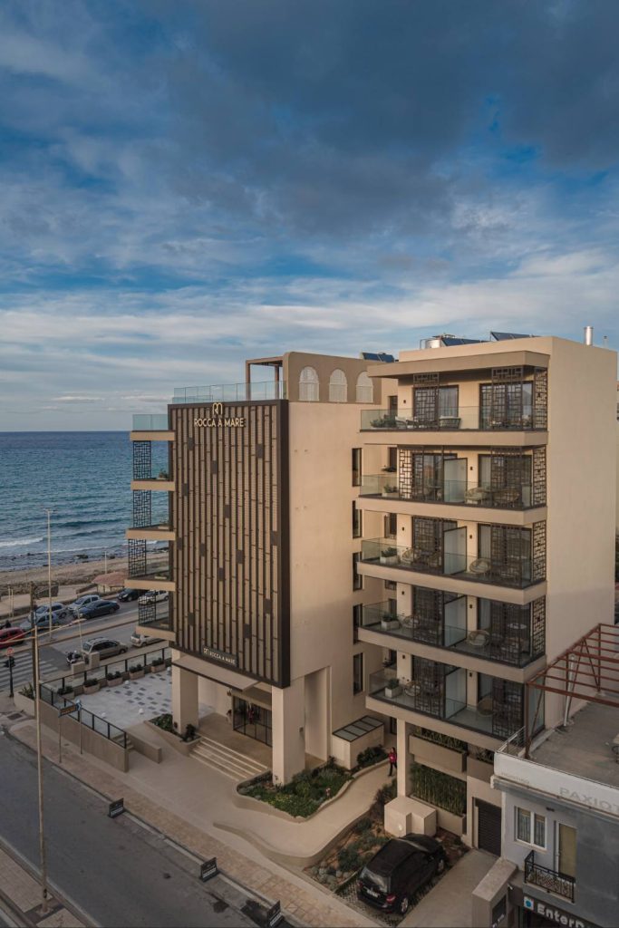 Aerial view of Rocca a Mare Hotel on the Heraklion Riviera seafront, Crete